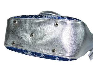 Metallic Silver Leather and Blue Brocade Satchel feet