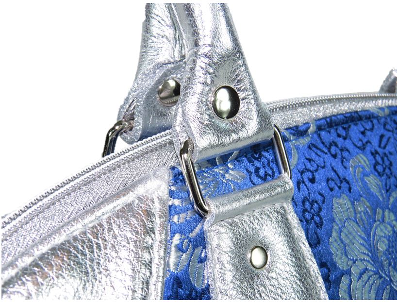 Metallic Silver Leather and Blue Brocade Satchel handle detail