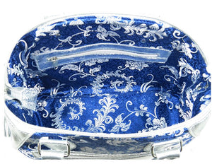 Metallic Silver Leather and Blue Brocade Satchel lining