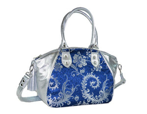 Metallic Silver Leather and Blue Brocade Satchel reverse side