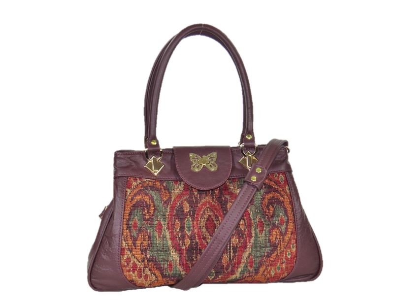 Moroccan Tapestry and Burgundy Leather Satchel
