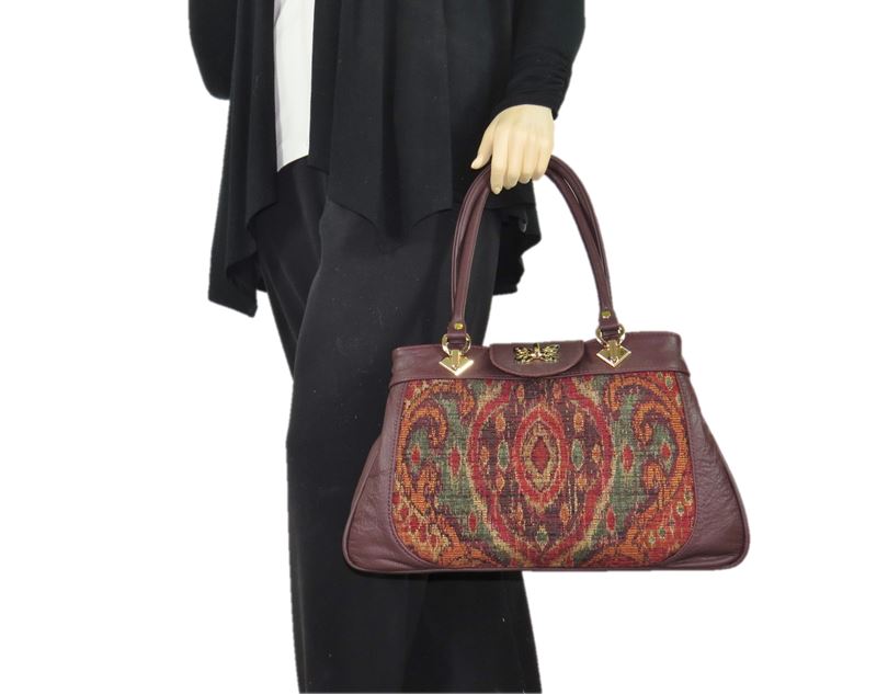 Moroccan Tapestry and Burgundy Leather Satchel model view