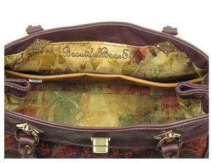 Moroccan Tapestry and Burgundy Leather Satchel pocket view
