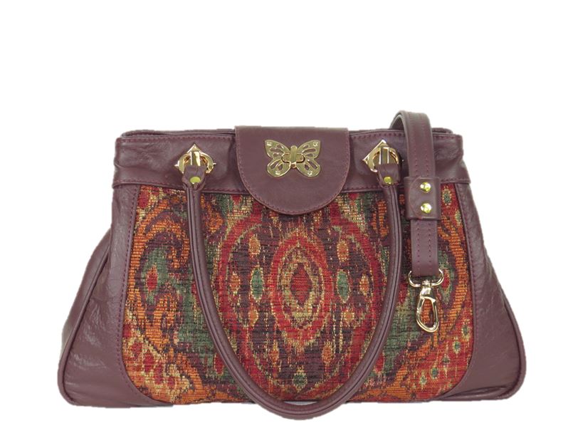 Moroccan Tapestry and Burgundy Leather Satchel relaxed handle view