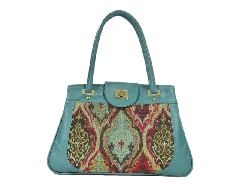 Moroccan Tapestry and Teal Leather Satchel