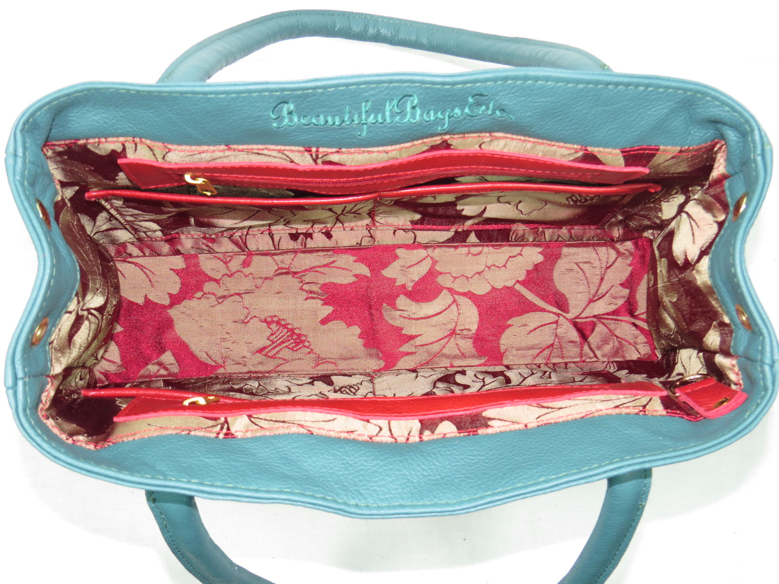 Moroccan Tapestry and Teal Leather Satchel interior view