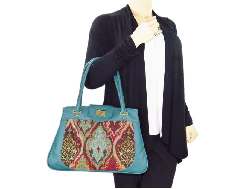 Moroccan Tapestry and Teal Leather Satchel model view