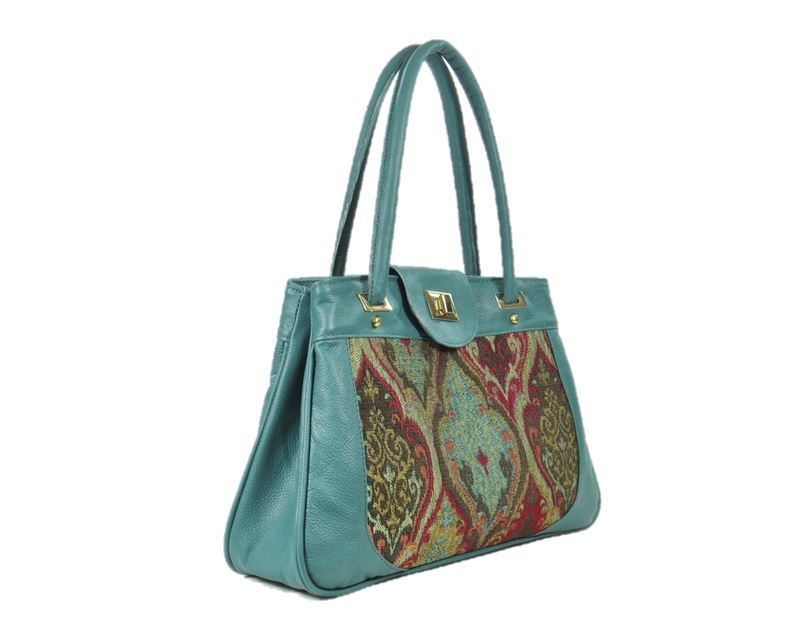 Moroccan Tapestry and Teal Leather Satchel side view