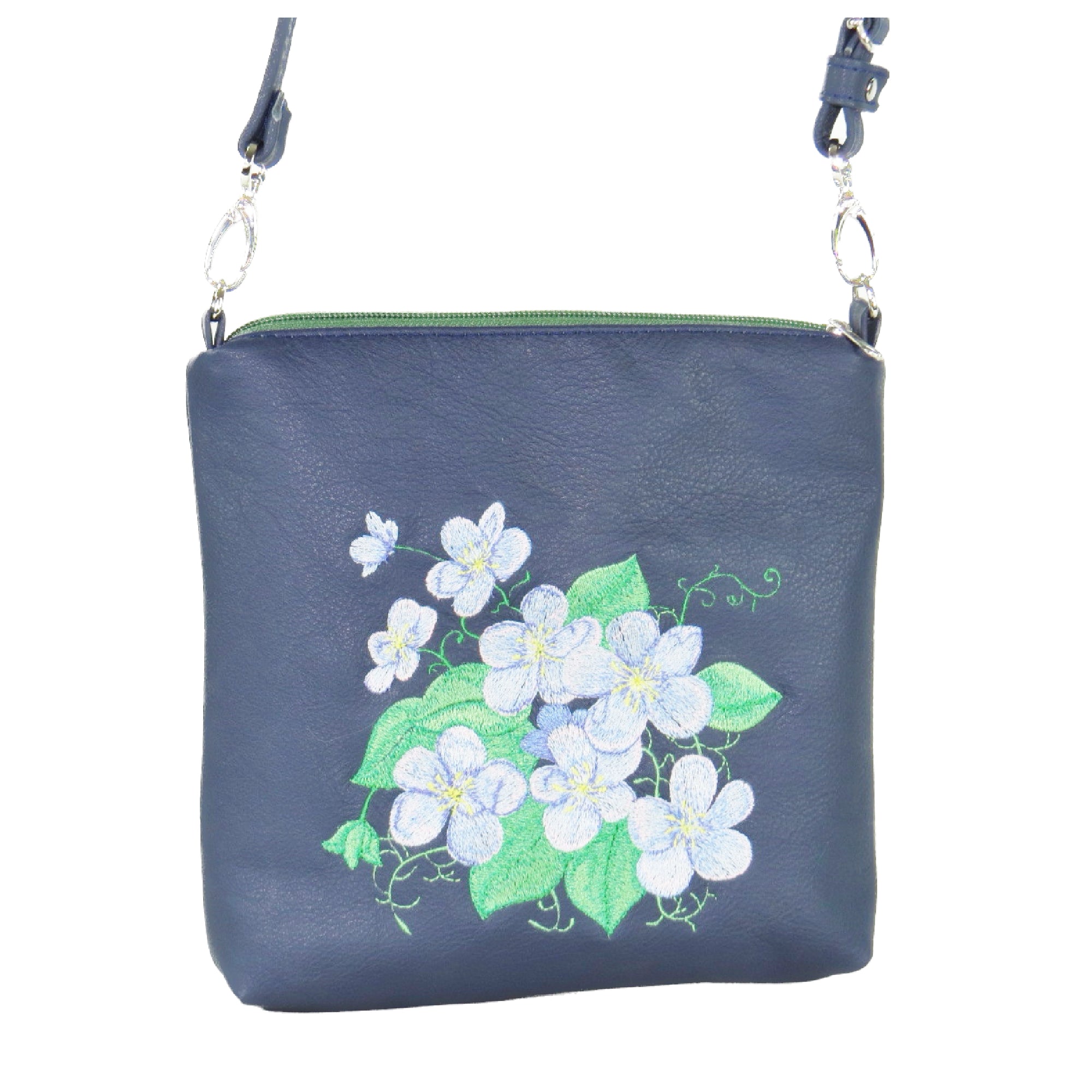 Navy Blue Leather Embroidered Forget-Me-Not Bouquet Crossbody Bag