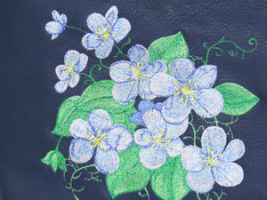 Navy Blue Leather Embroidered Forget-Me-Not Bouquet Crossbody Bag embroidery close-up