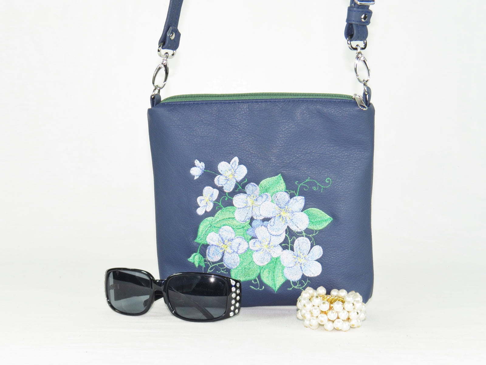 Navy Blue Leather Embroidered Forget-Me-Not Bouquet Crossbody Bag vignette