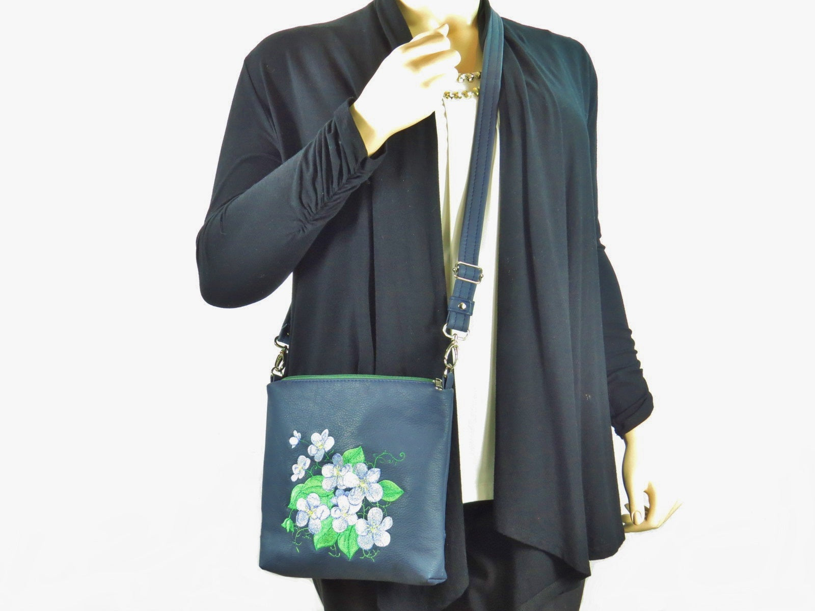 Navy Blue Leather Embroidered Forget-Me-Not Bouquet Crossbody Bag with model
