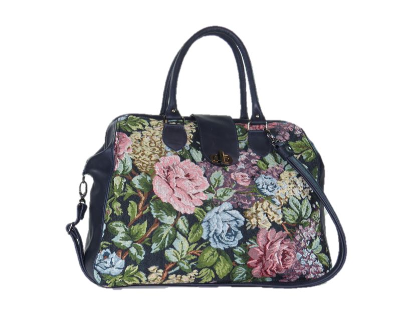 Navy Blue Leather and Rose Tapestry Mary Poppins Carpet Bag