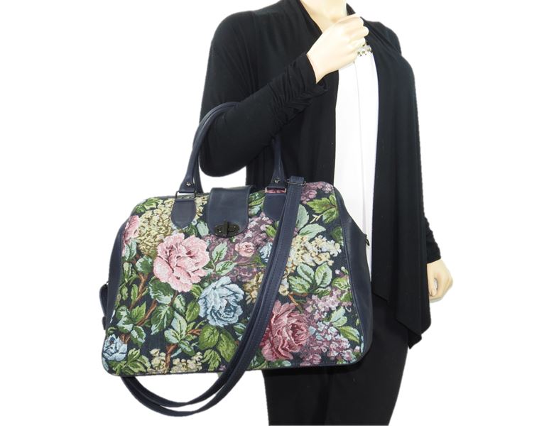 Navy Blue Leather and Rose Tapestry Mary Poppins Carpet Bag arm model