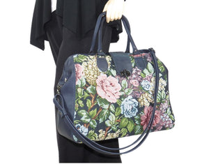 Navy Blue Leather and Rose Tapestry Mary Poppins Carpet Bag hand model