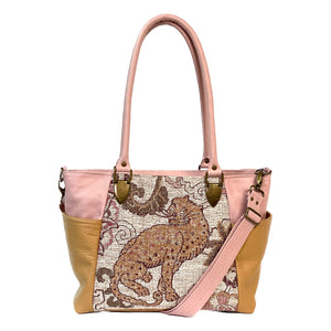 Nine Pocket Tote Pink and Gold Leather Cheetah Tapestry