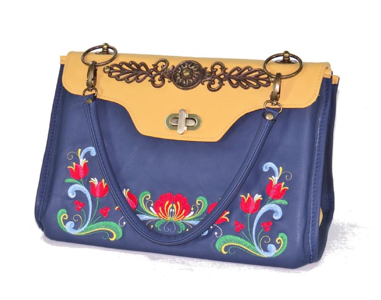 Norwegian Embroidered Rosemaling Blue and Yellow Leather Handbag