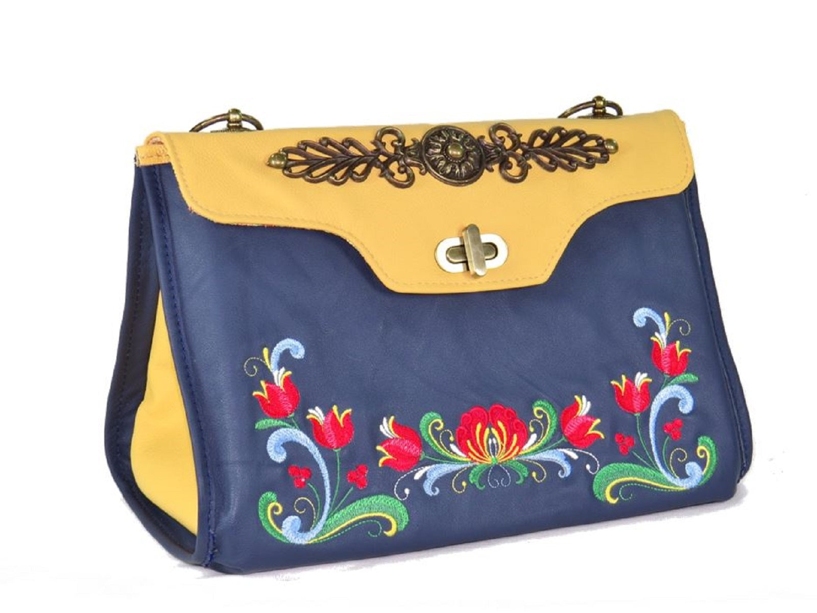 Norwegian Embroidered Rosemaling Blue and Yellow Leather Handbag front