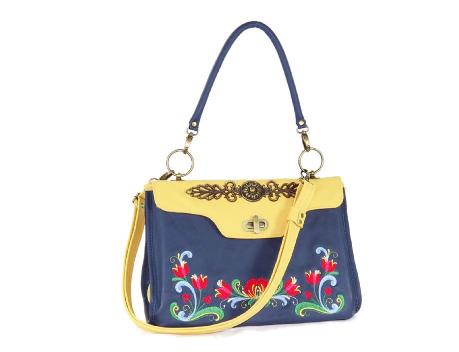 Norwegian Embroidered Rosemaling Blue and Yellow Leather Handbag handle up