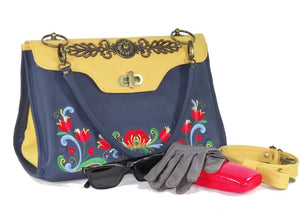 Norwegian Embroidered Rosemaling Blue and Yellow Leather Handbag vignette