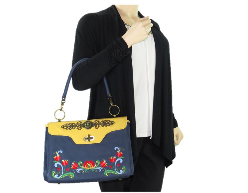 Norwegian Embroidered Rosemaling Blue and Yellow Leather Satchel model view