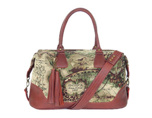 Old World Map Tapestry and Leather Weekender