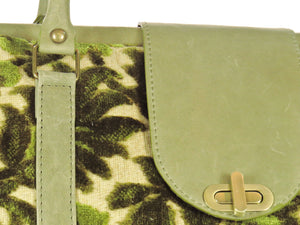 Olive Green Cut Velvet Vintage Style Carpet Bag details