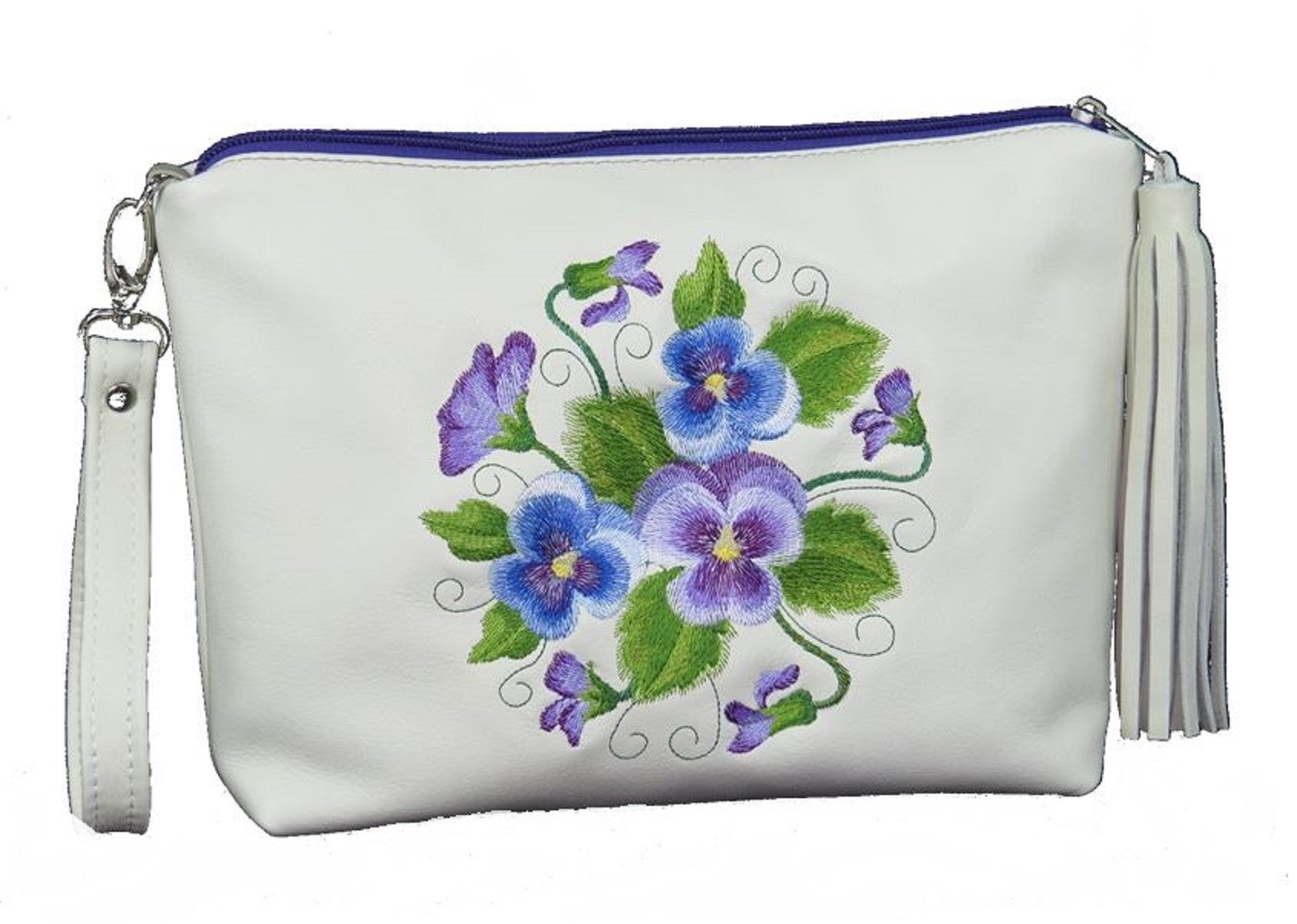 Pansies Embroidery Leather Zipper Clutch
