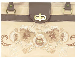 Pansies in Beige Leather Satchel embroidery detail view