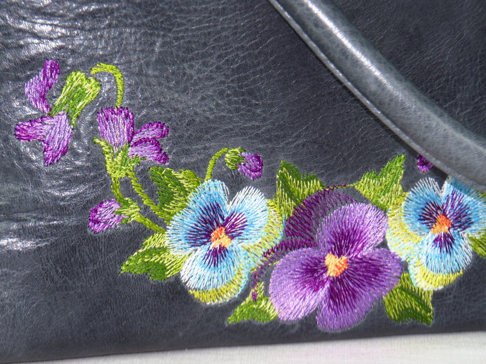 Pansies on Slate Blue Slouchy Hobo Leather Bag embroidery closeup