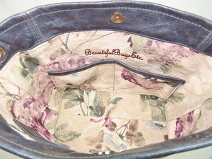Pansies on Slate Blue Slouchy Hobo Leather Bag floral lining with dual pockets