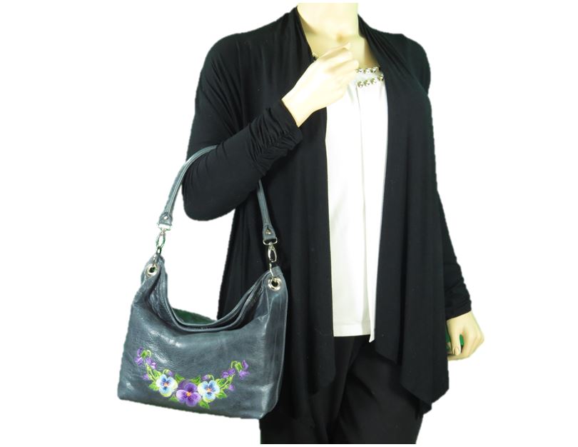 Pansies on Slate Blue Slouchy Hobo Leather Bag model view