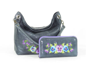 Pansies on Slate Blue Slouchy Hobo Leather Bag with companion wallet