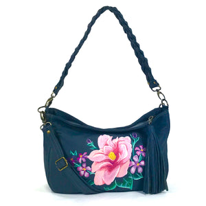 Pink Floral Navy Leather Slouchy Hobo