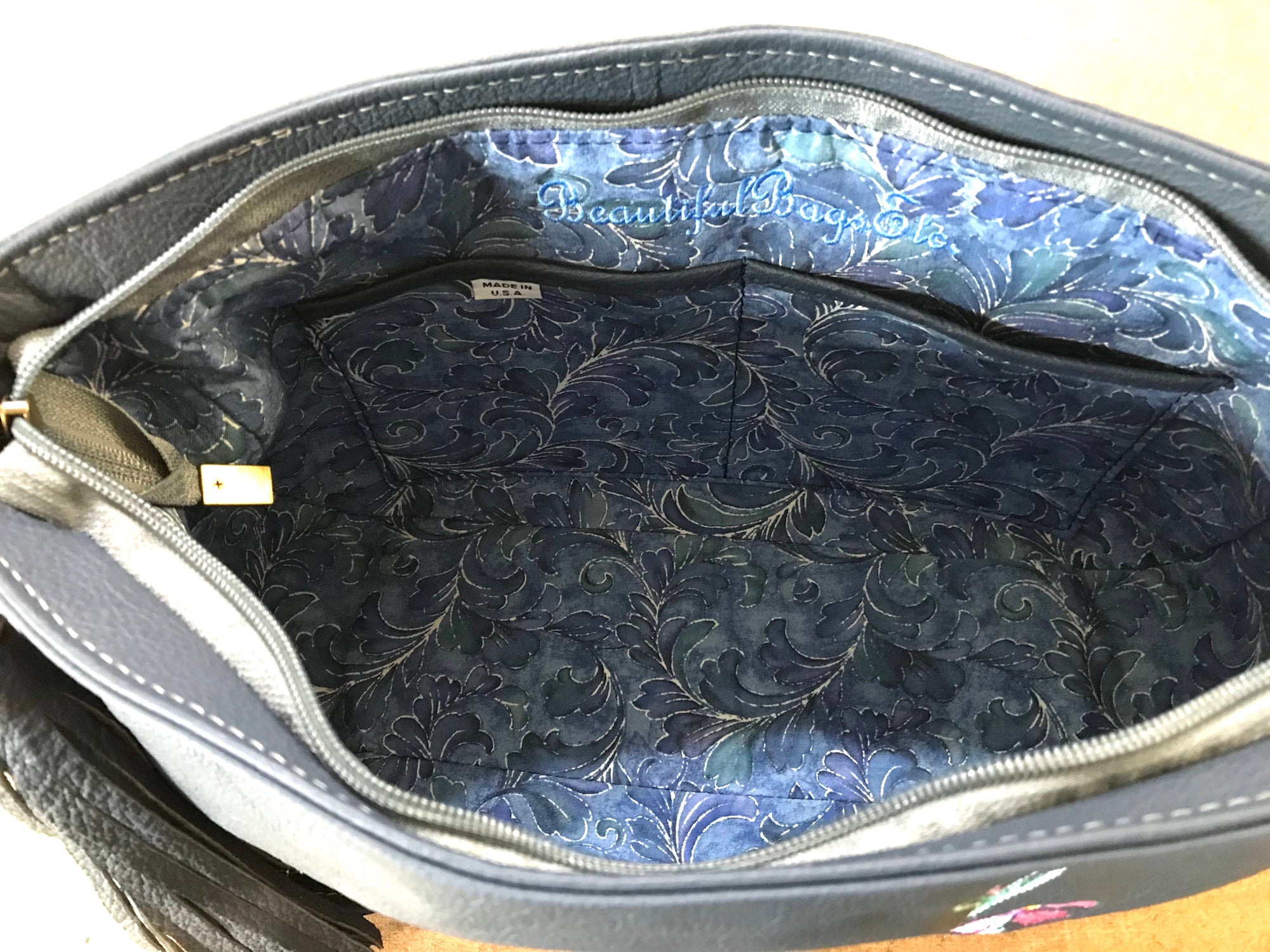 Pink Floral Navy Leather Slouchy Hobo interior view