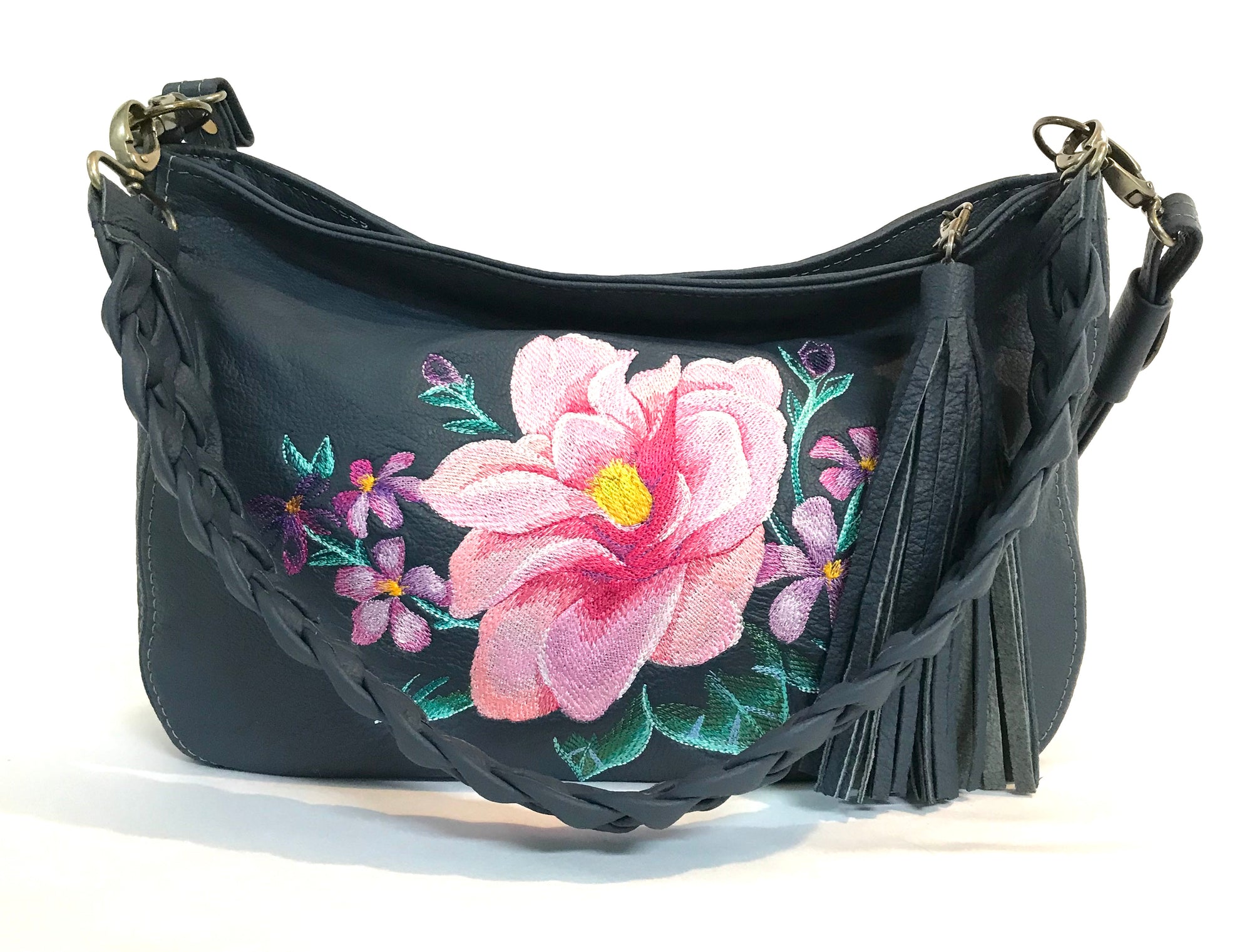 Pink Floral Navy Leather Slouchy Hobo relaxed handle view