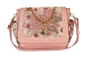 Pink Leather and Tapestry Top Handle Flap Bag