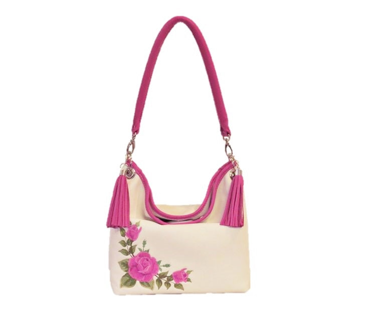 Pink Roses on White Slouchy Hobo Leather Bag