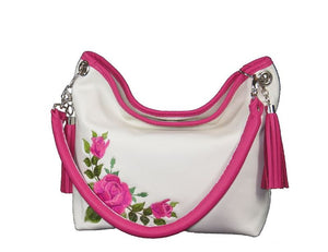 Pink Roses on White Slouchy Hobo Leather Bag handle view