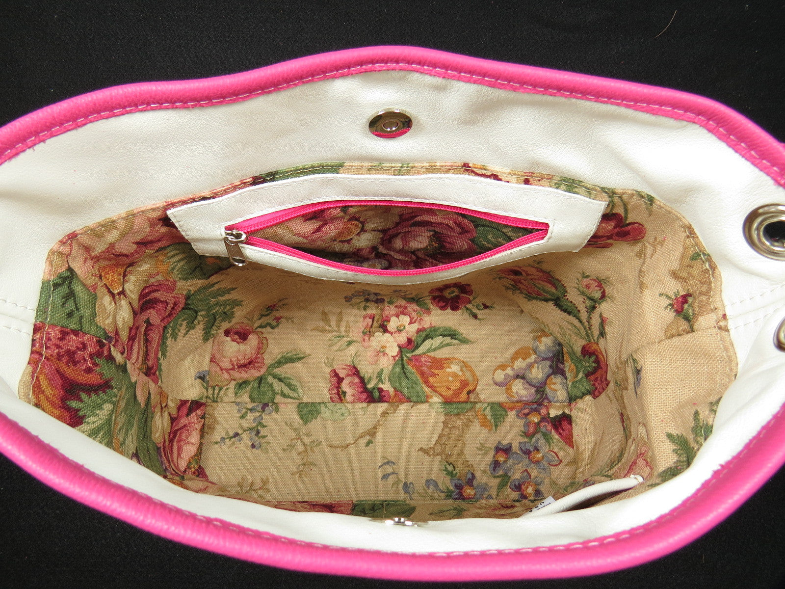 Pink Roses on White Slouchy Hobo Leather Bag interior zipper pocket