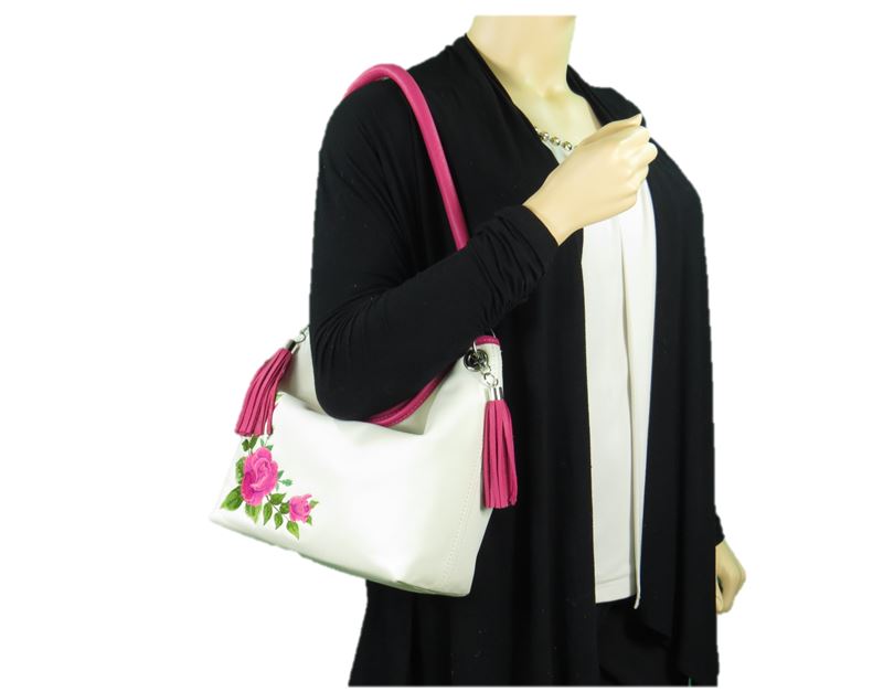 Pink Roses on White Slouchy Hobo Leather Bag model view