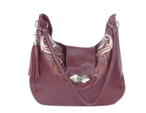 Plum Leather Embroidered Hobo Shoulder Bag relaxed handle