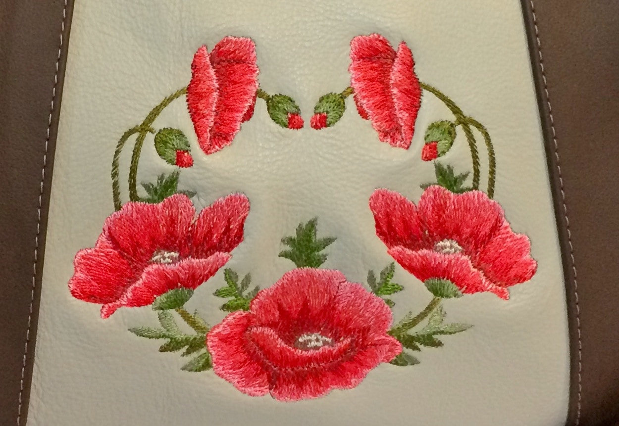 Poppies on Beige Leather Satchel embroidery close-up