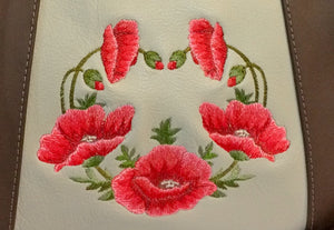 Poppies on Beige Leather Satchel embroidery close-up