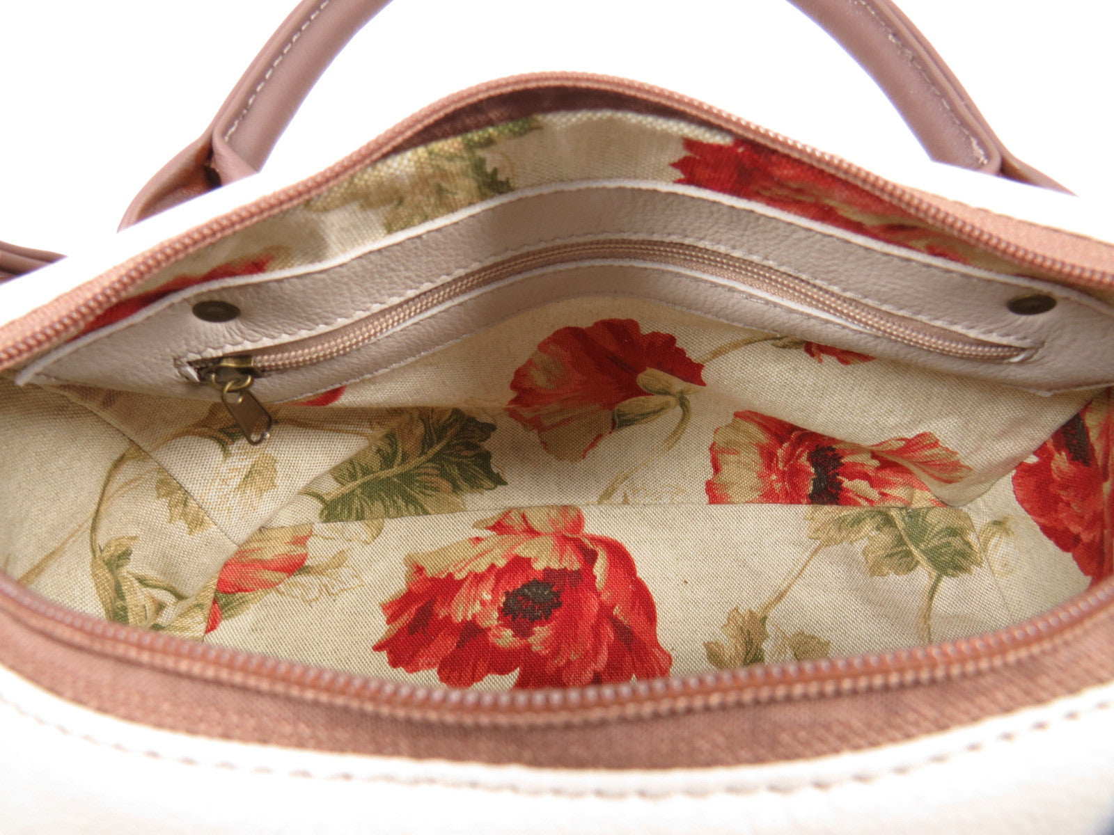 Poppies on Beige Leather Satchel interior zipper pocket