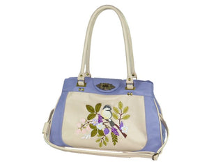 Purple and Beige Embroidered Chickadee Leather Satchel