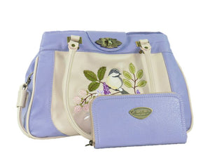 Purple and Beige Embroidered Chickadee Leather Satchel and companion Lavender Leather Wallet