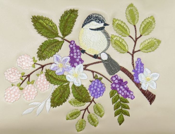 Purple and Beige Embroidered Chickadee Leather Satchel embroidery close up