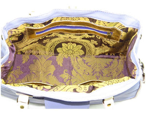 Purple and Beige Embroidered Chickadee Leather Satchel interior zipper pocket