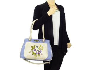 Purple and Beige Embroidered Chickadee Leather Satchel model view